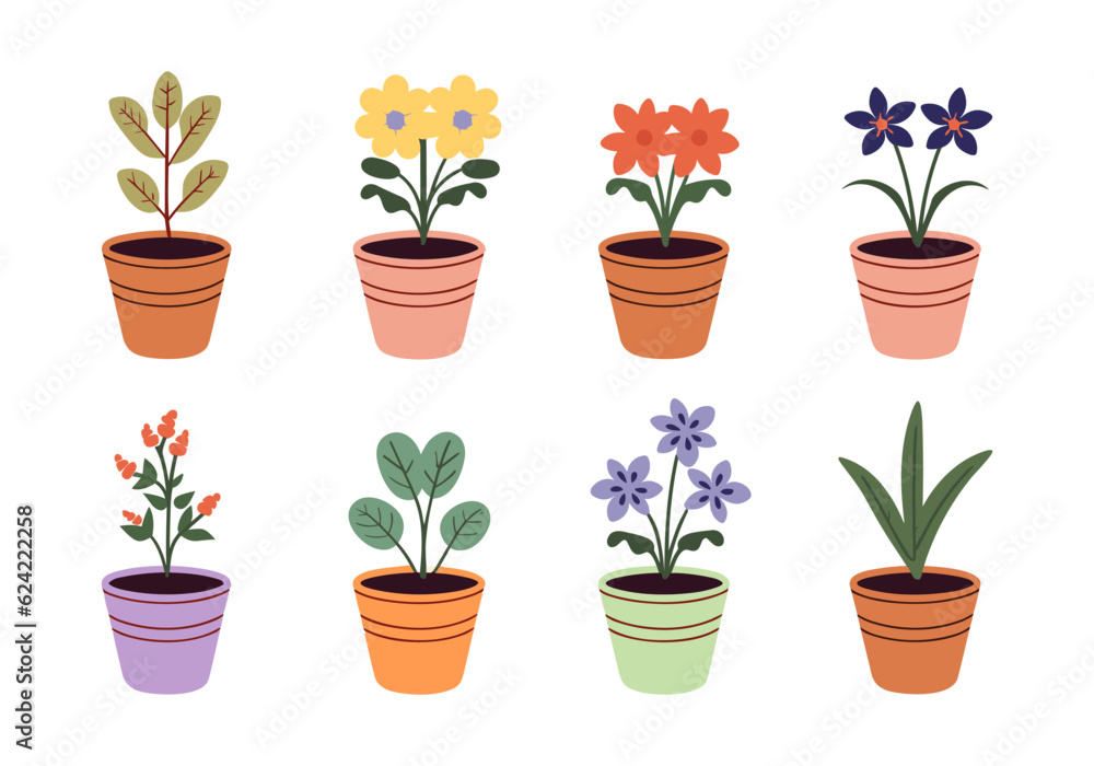 Set of potted flowers vector set in flat cartoon style