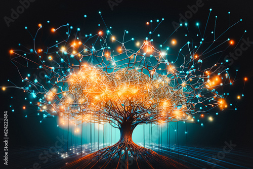 Futuristic tree neural  illuminating network, colorful neon glowing abstract, generative AI.