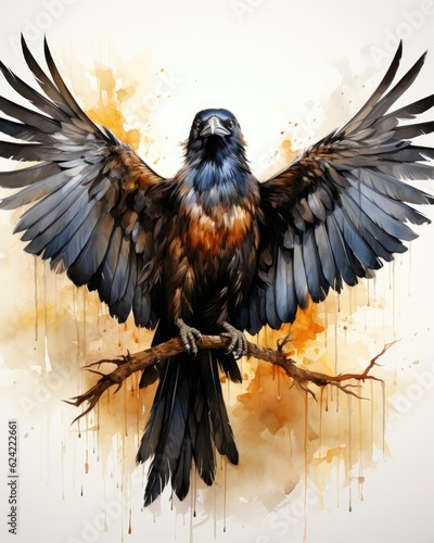 Foto An illustrated crow flaps wings against white background; depicts wildlife