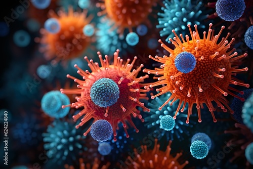 Colorful Microscopic 3d render of viruses 