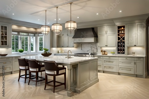 A luxurious kitchen with a marble island and elegant lighting