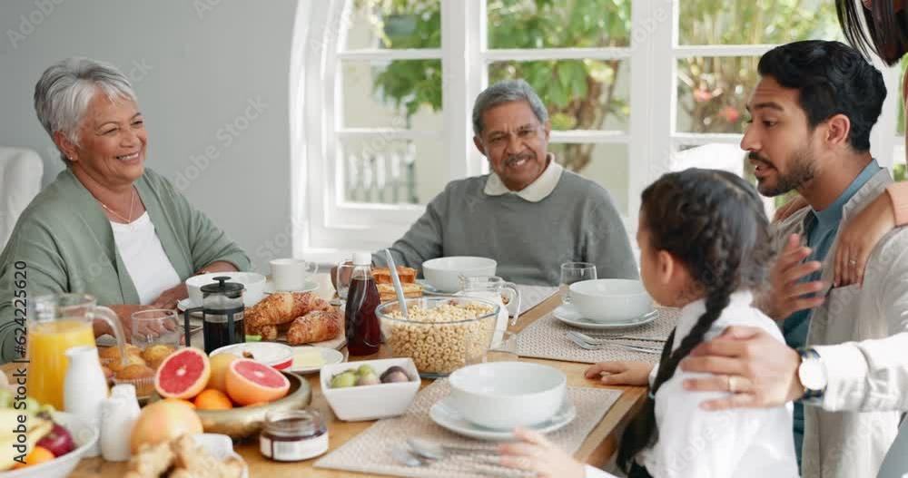 Breakfast, hug and morning with big family at table for food, gratitude and wake up. Love, support and brunch with people eating in dining room at home for nutrition, wellness and health Breakfast, hug and morning with big family at table for food, gratitude and wake up. Love, support and brunch with people eating in dining room at home for nutrition, wellness and health