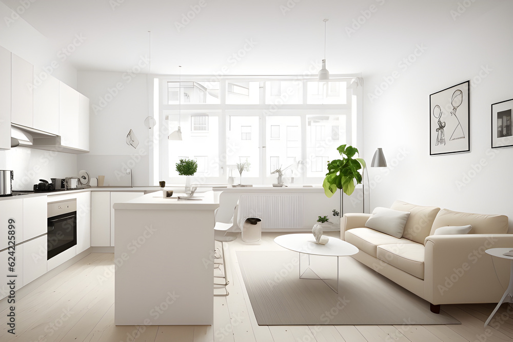 custom made wallpaper toronto digitalinterior design spacious bright studio apartment in Scandinavian style and warm pastel white and beige colors. trendy furniture in the living area and modern details in the kitchen area.