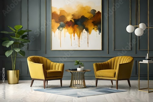 Luxury premium living room with two yellow mustard armchairs and a golden brass table. Painted accent empty wall for art. Dark room interior design. Big artwork ivory beige brown color. 3d rendering