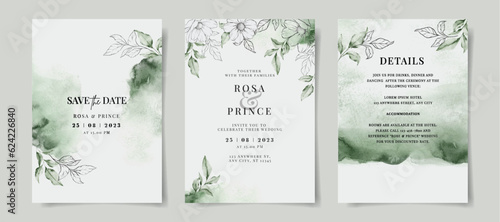 Elegant watercolor wedding invitation with hand drawn floral and leaves