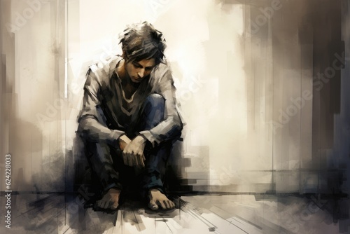 Depressed man sitting alone against a wall in a room, Generative AI. © nilanka