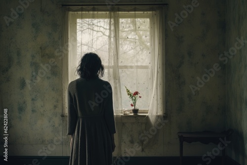 Depressed woman looking outside through a window in a dark room, Generative AI.