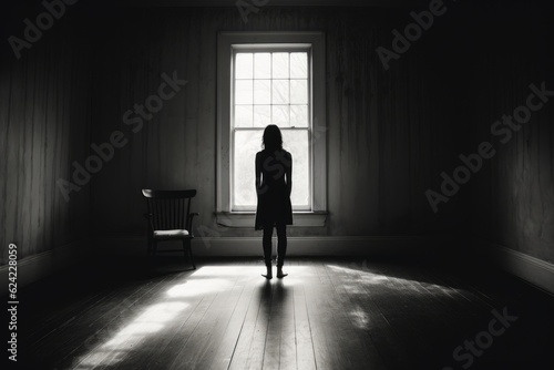 Lonely woman looking outside through a window in a dark room, Generative AI. © nilanka