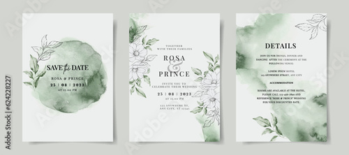 Elegant watercolor wedding invitation with hand drawn floral and leaves