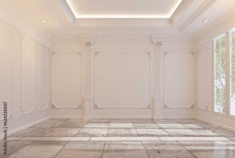 The interior of the empty room in a classic style features a warm and inviting atmosphere with a color scheme dominated by beige tones with hidden ceiling lights and shiny tile floors.3d rendering