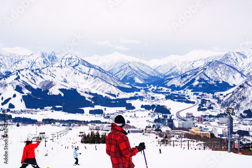 A ski slope with a panoramic view photo
