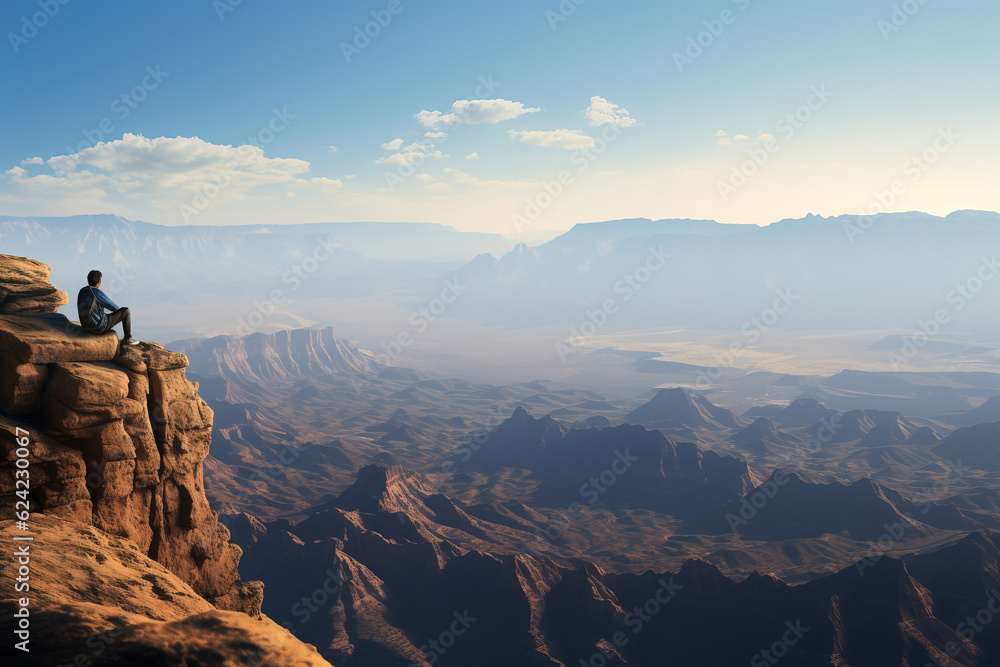 Fototapeta premium Person sitting at the edge of a mountain cliff overlooking a beautiful landscape