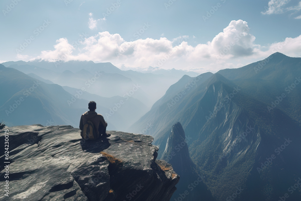 Person sitting at the edge of a mountain cliff overlooking a beautiful landscape