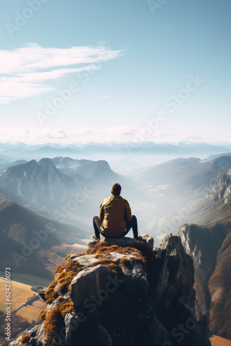 Person sitting at the edge of a mountain cliff overlooking a beautiful landscape © Jeremy