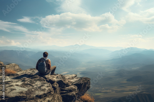 Person sitting at the edge of a mountain cliff overlooking a beautiful landscape