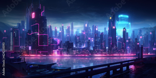 Futuristic neon cyberpunk cityscape at night time