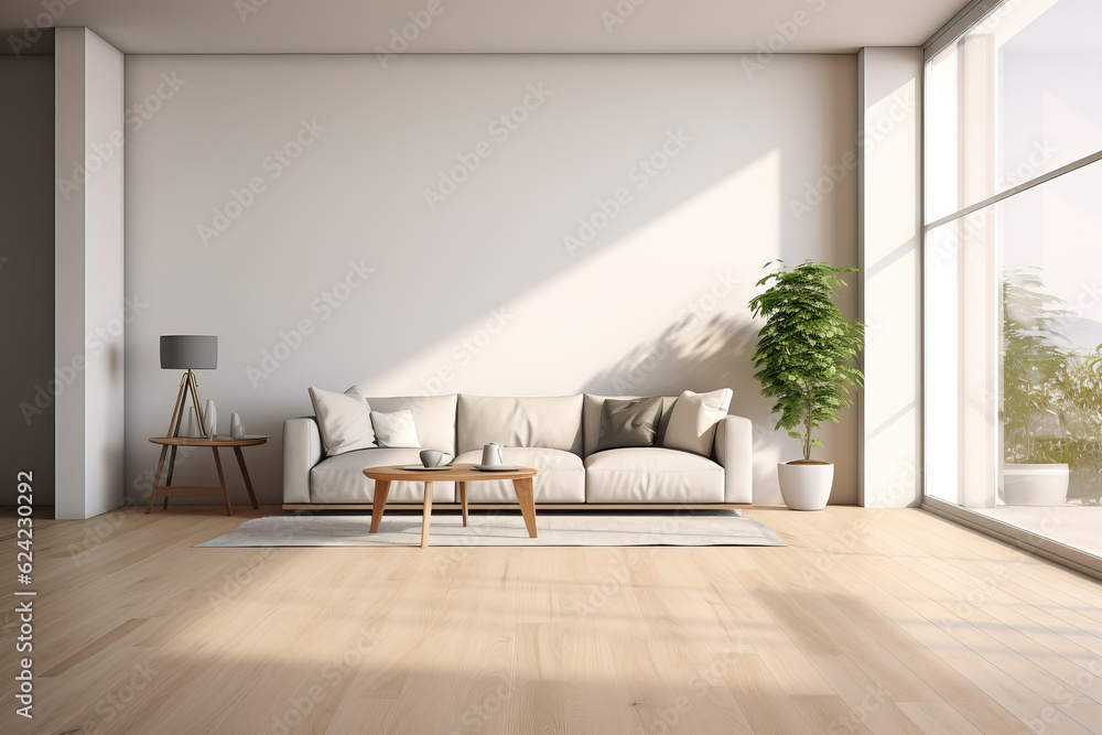 Fototapeta premium Modern and open floor living room with big white wall