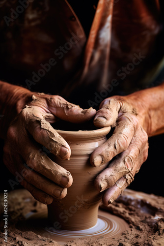 Hands of a potter at work on a clay vase