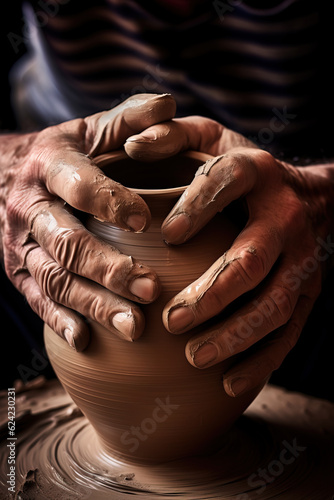 Hands of a potter at work on a clay vase