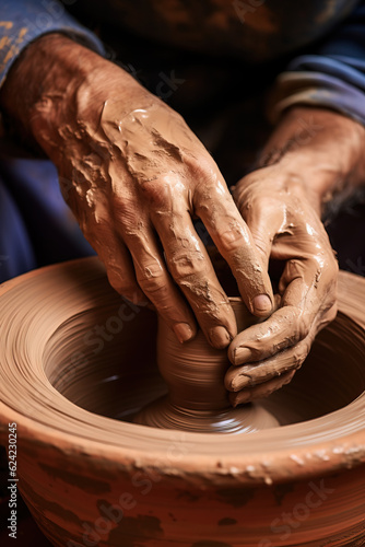 Hands of a potter at work on a clay vase