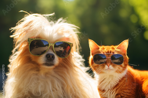 Dog and cat selfie portrait with sunglasses