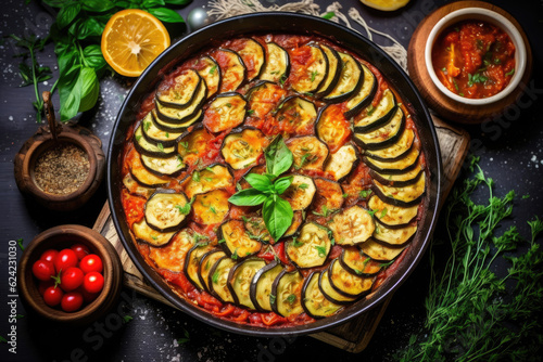 French cuisine, Ratatouille, vegetable stew of sliced eggplant, zucchini, onion, potato and tomatoes