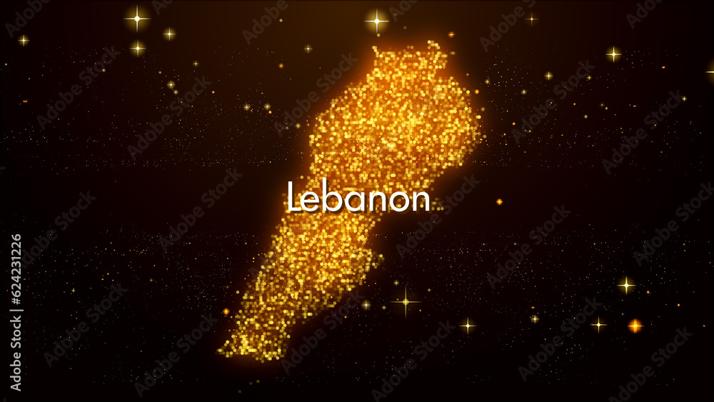 Obraz premium Abstract Golden Orange Glowing Shiny Blurry Focus Sparks Dots Mosaic Lebanon Map And Label Text With Stars Particles