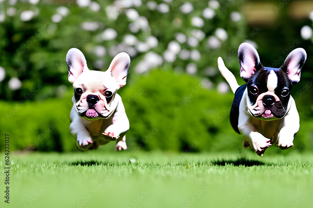 French Bulldogs Running in the Garden