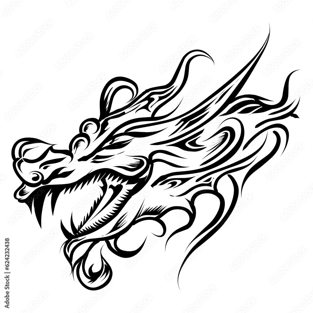 Obraz premium Dragon head tribal tattoo illustration. Perfect for stickers, tattoos, logos, icons, websites, social media elements. 