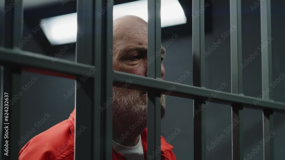 Inmate Face Face close up of elderly prisoner in orange uniform standing behind ...