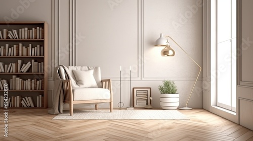 Modern living room interior with white walls  wooden floor  beige sofa