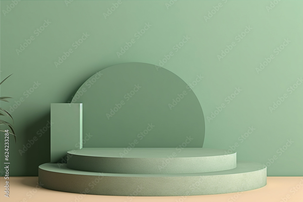 Minimal empty podium for product presentation on sage green background. Generative AI Minimal empty podium for product presentation on sage green background. Generative AI
