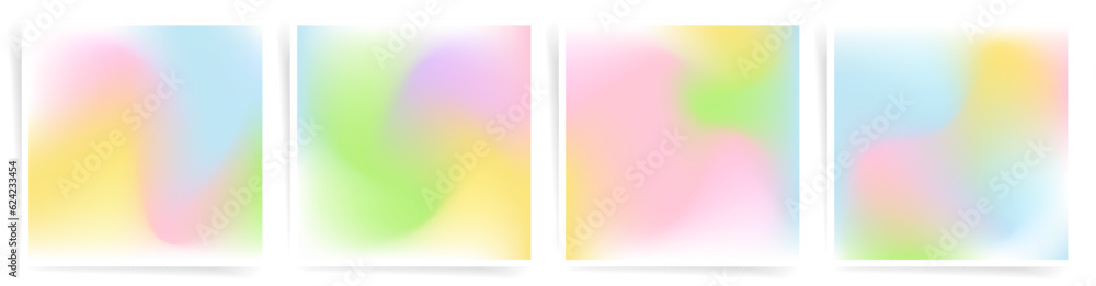 Gradient colorful backgrounds. Abstract modern colors gradation templates for summer posters, banners, social posts, square covers. Soft blur, Bright neon blend patterns, Dynamic iridescent graphic.