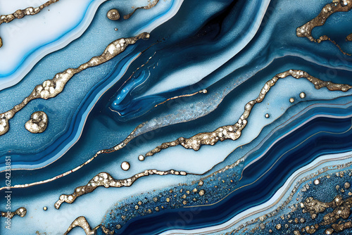 Golden and blue acrylic color liquid ink swirl abstract background with ravishing turbulence wavy pattern and detailed texture by Generative AI.
