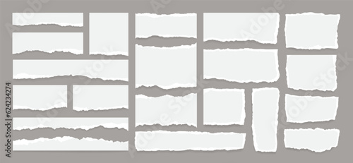 Collection of white torn or ripped paper sheets on grey background. Office notebook strip, scrap page or newspaper tear with edge for ornament decoration. Social media grunge banner or split label.  