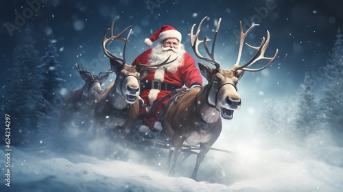 Santa Claus Riding Reindeer to Delivery Christmas Gift Boxes, Xmas Happy New Year Background. Generative Ai