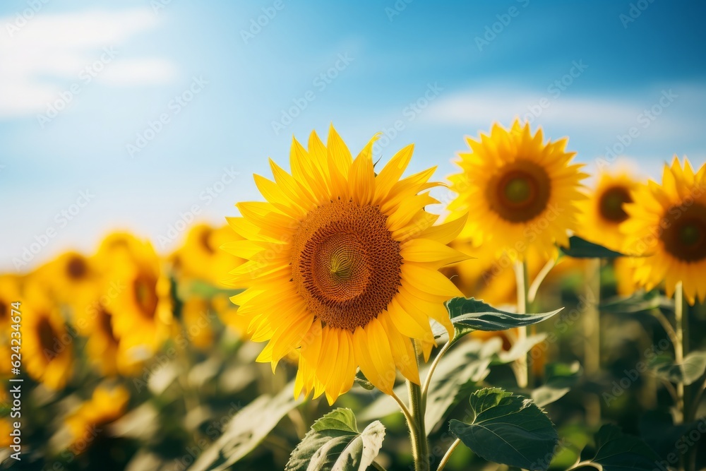 A bright yellow sunflower field under a sunny blue sky. Generative AI