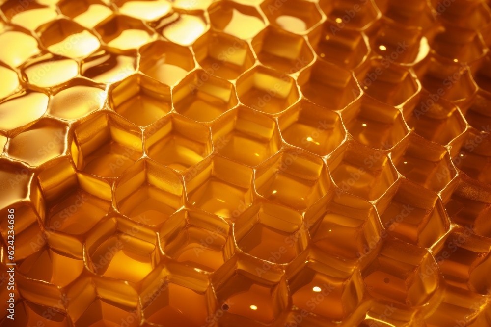 A close-up of a golden honeycomb. Generative AI A close-up of a golden honeycomb. Generative AI