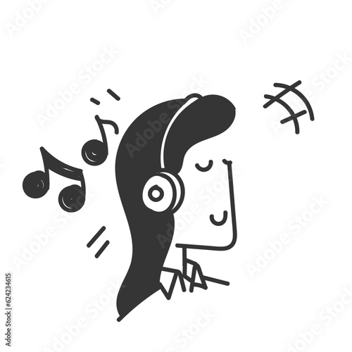 hand drawn doodle girl listening music with headset illustration vector