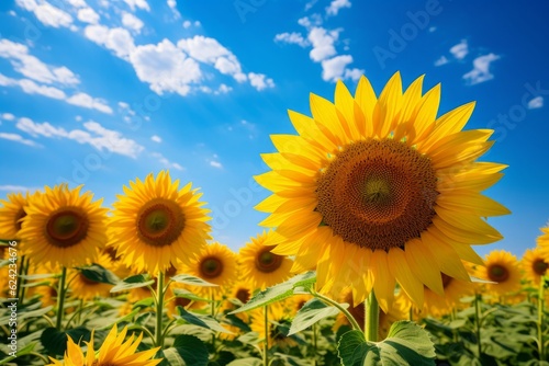 A bright yellow sunflower field under a sunny blue sky. Generative AI