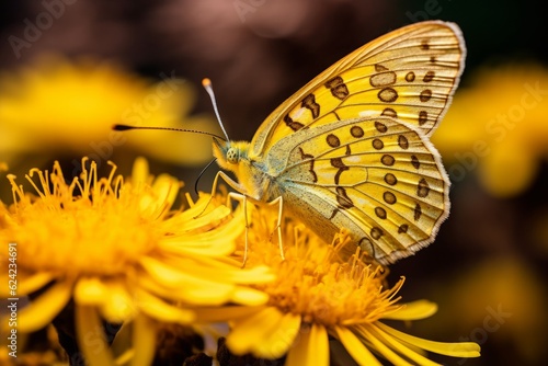 A close-up of a yellow butterfly on a flower. Generative AI