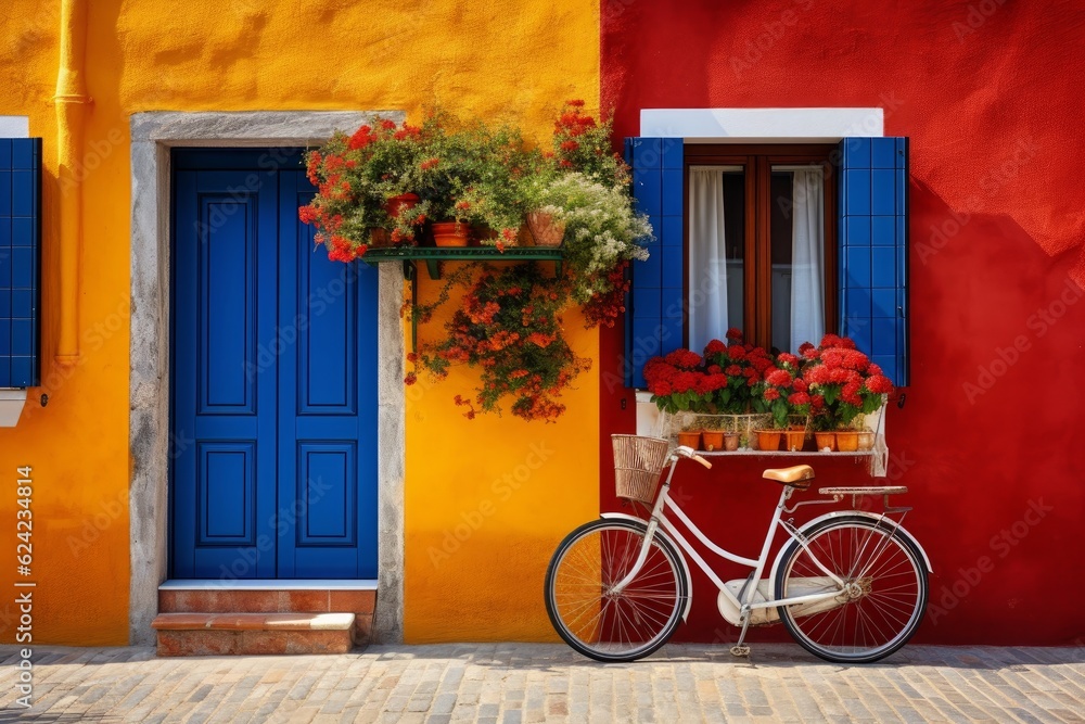Colorful house on the island of Burano with a bike near the entrance Generative AI