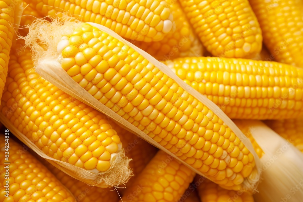 Image of yellow corn background, healthy organic food, bio nutrition, fresh ripe vegetable, maize cob, golden textured wallpaper, autumn harvest season, vegetarian eating and diet Generative AI Image of yellow corn background, healthy organic food, bio nutrition, fresh ripe vegetable, maize cob, golden textured wallpaper, autumn harvest season, vegetarian eating and diet Generative AI