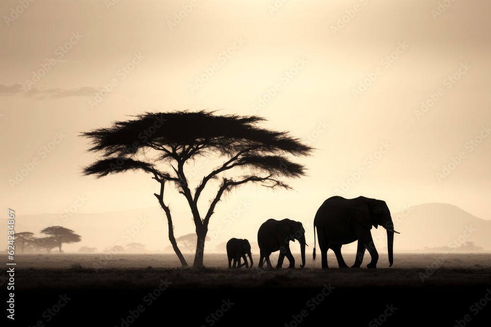 silhouettes of elephants. Generative AI