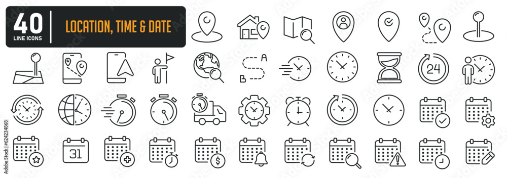 Location, time and date simple minimal thin line icons. Related location, GPS, time, stopwatch, calendar. Editable stroke. Vector illustration. 