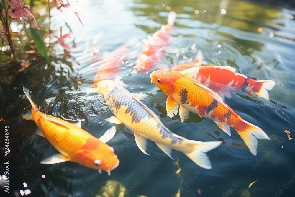 yellow, Fancy carp swimming in a pond.. Generative AI yellow, Fancy carp swimming in a pond.. Generative AI