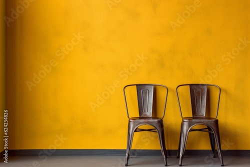 Decorative close up metal hunger style in the room with frame chair and wooden table style  brown and yellow wall. Generative AI