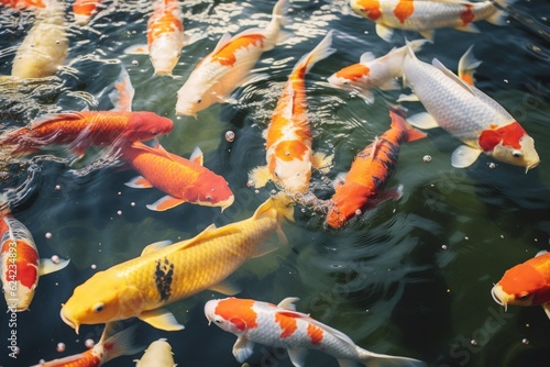 yellow, Fancy carp swimming in a pond.. Generative AI