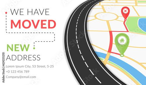 We have moved concept with map, road and map pins with cross and house symbols, vector eps10 illustration