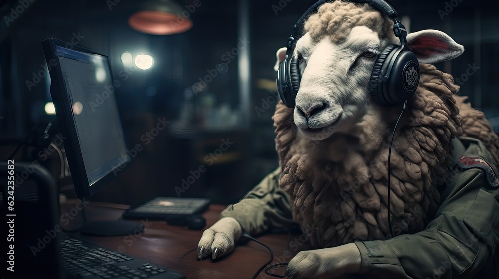 Fototapeta premium An efficient sheep working at a call center, providing 